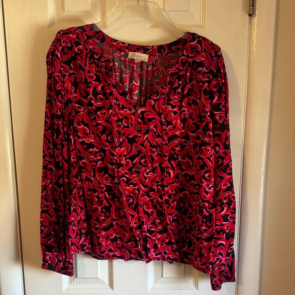 LOFT Red and Black Patterned Blouse